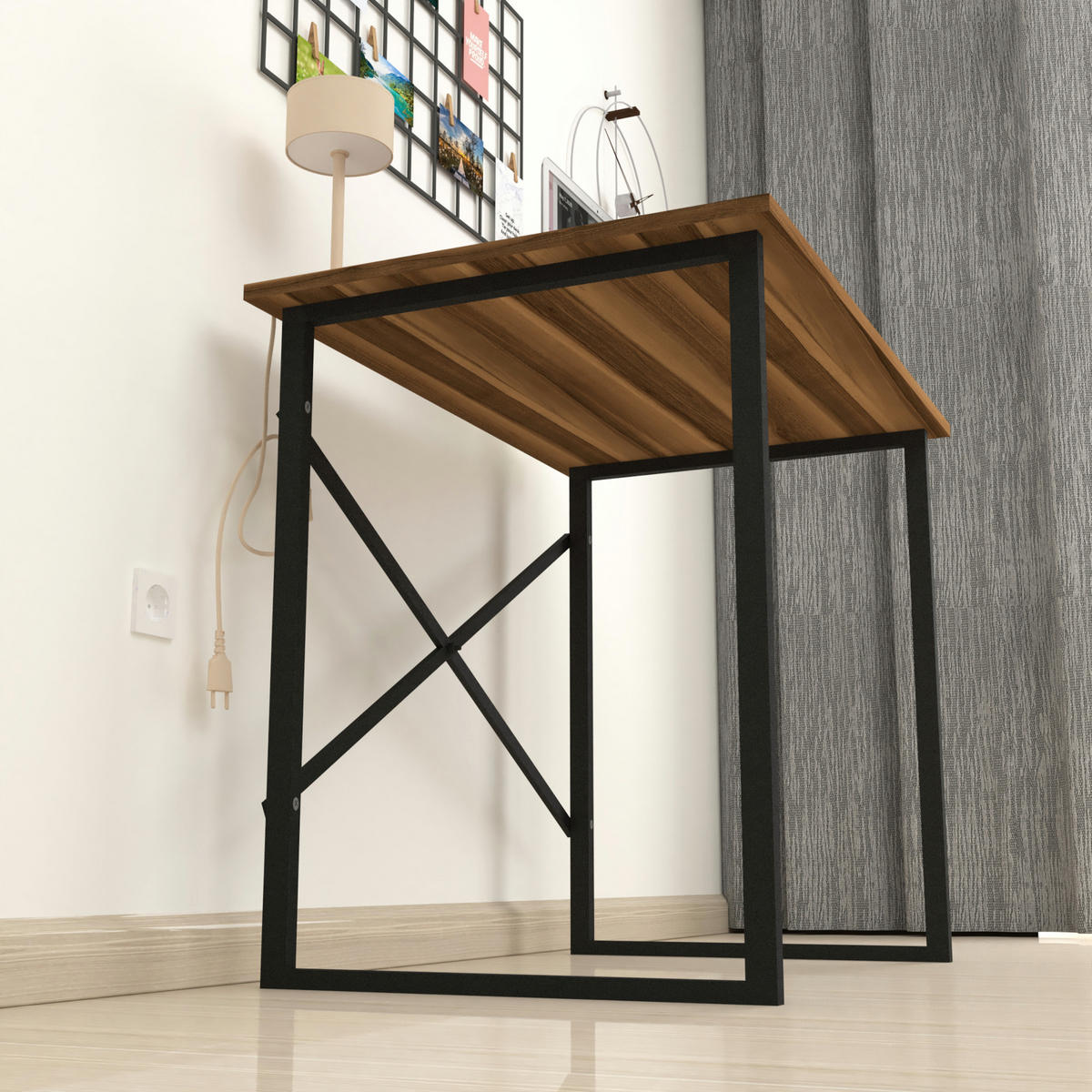 SCHREIBTISCH Tjeldsund - Walnussfarben/Schwarz, Holzwerkstoff/Metall (60/90/75cm) - [en.casa]