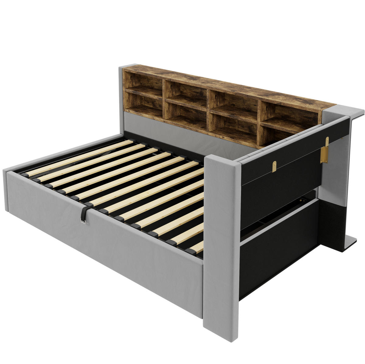 POLSTERBETT 90/200 cm Hellgrau mit Stauraum, Nachtlicht und USB- und Type-C-Anschlüssen - Hellgrau, Textil (90/200cm) - Flora Grace