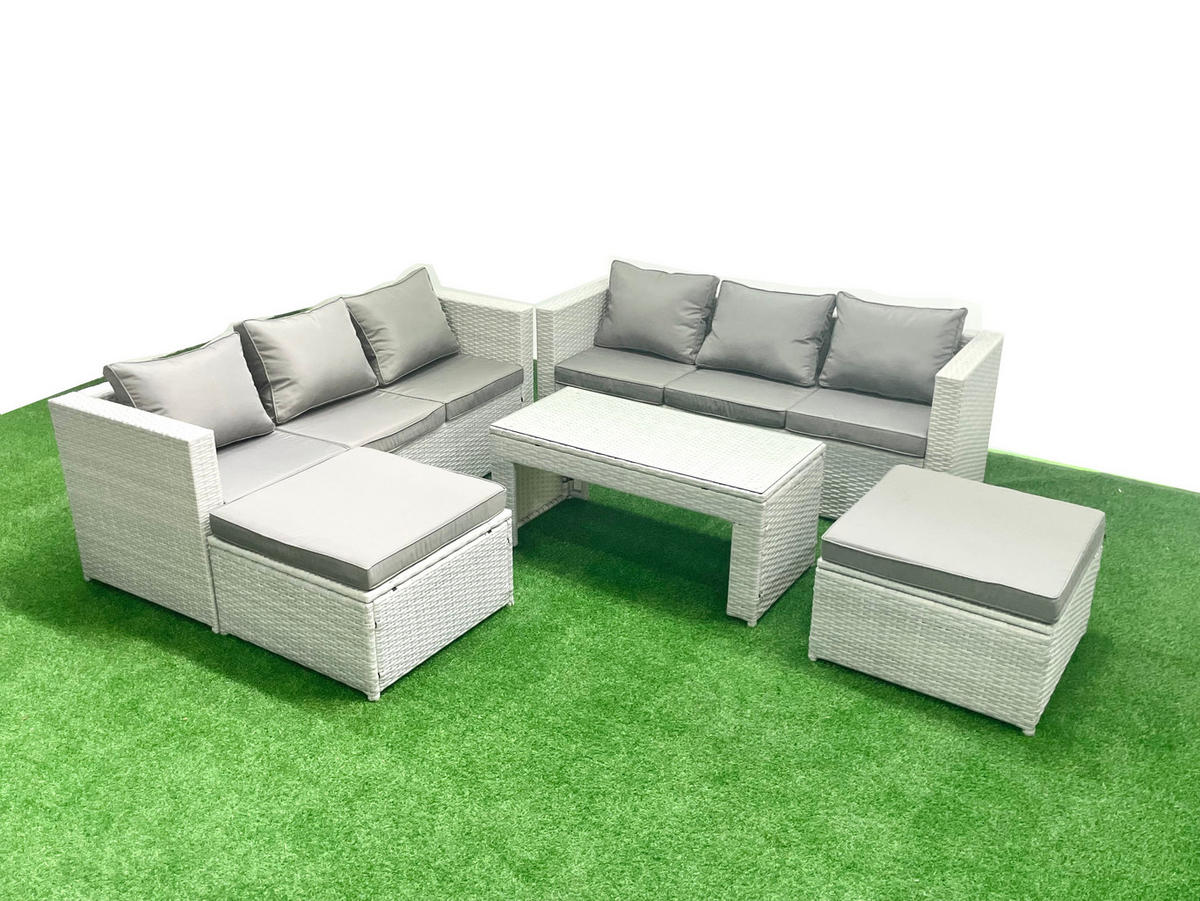 GARTENSOFA hohe Rückenlehne Polyrattan Hellgrau-Mix 8-Sitzer - Hellgrau/Grau, Glas/Kunststoff - Fimous