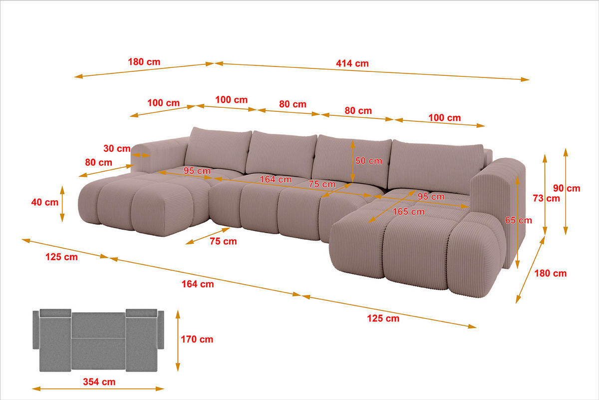 WOHNLANDSCHAFT Ottomane Links CLOUD-U 414x180x40 Rosa Cord - Rosa, Holzwerkstoff/Kunststoff (414/90/180cm) - ALTDECOR