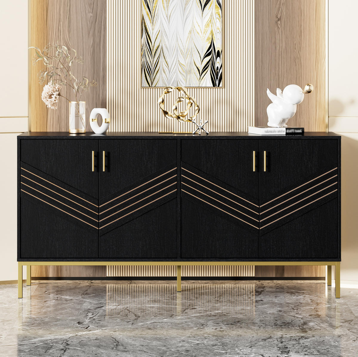 SIDEBOARD 160/40/80.5 cm Schwarz aus MDF mit 4 Türen - Schwarz, Holzwerkstoff (40/80.5/160cm) - OKMYHOME