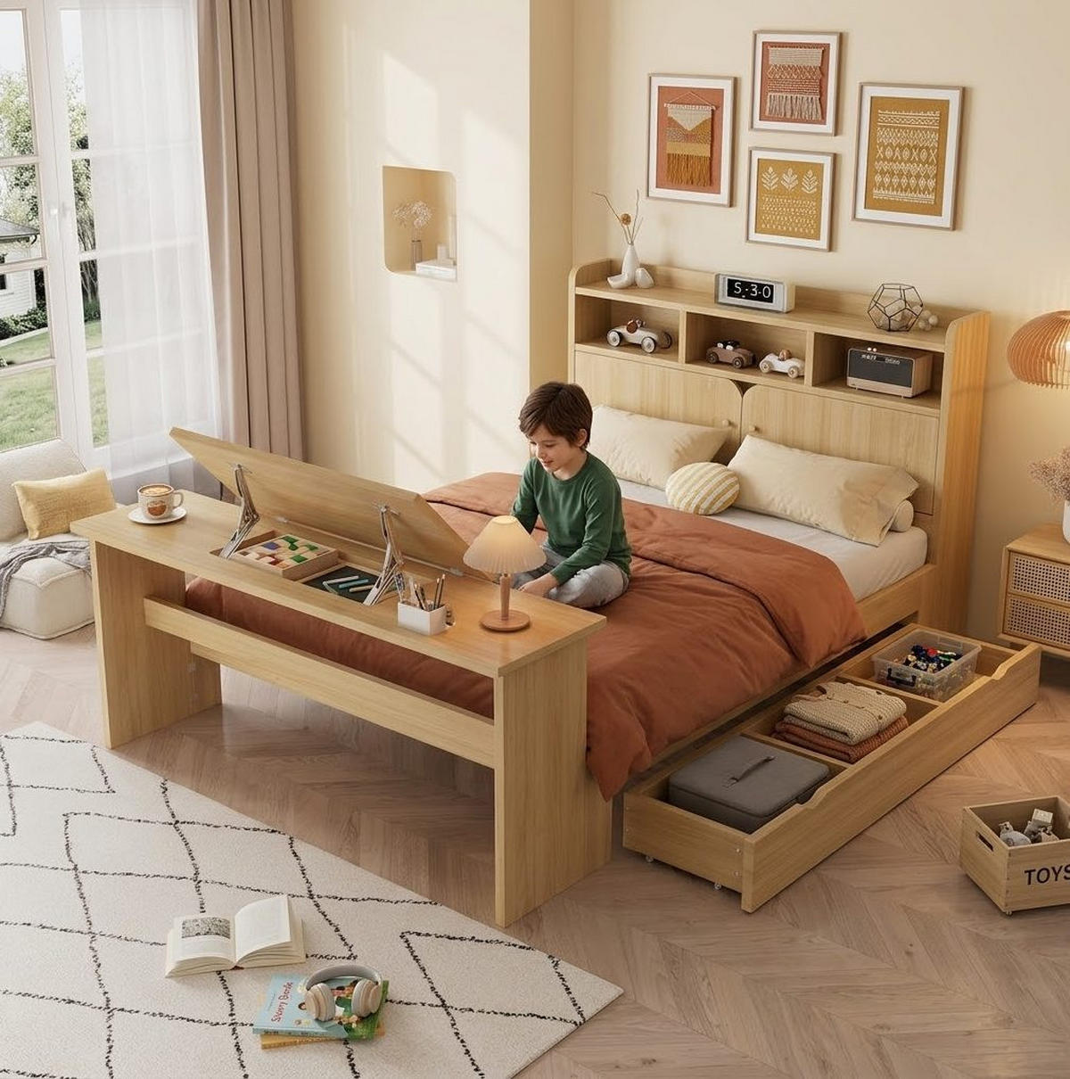 JUGENDBETT 140x200 cm in Natur mit Stauraum, Klapptisch und Kopfteilregal - Naturfarben, Holz (140/200cm) - IVMEU