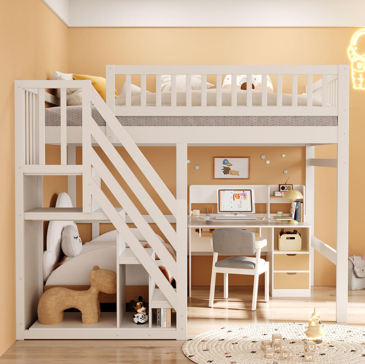 KINDERBETT 140/200 cm, weiß mit Stauraumtreppe und hohem Geländer - Weiß, Holz (140/200cm) - MIVRAY