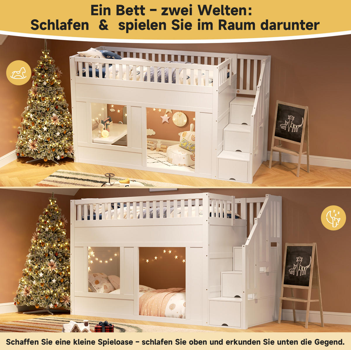 HOCHBETT 90/200 cm mit Treppenschrank, Stauraum und umbaubarem Spielbereich, Weiß - Weiß, Holzwerkstoff (90/200cm) - Redom