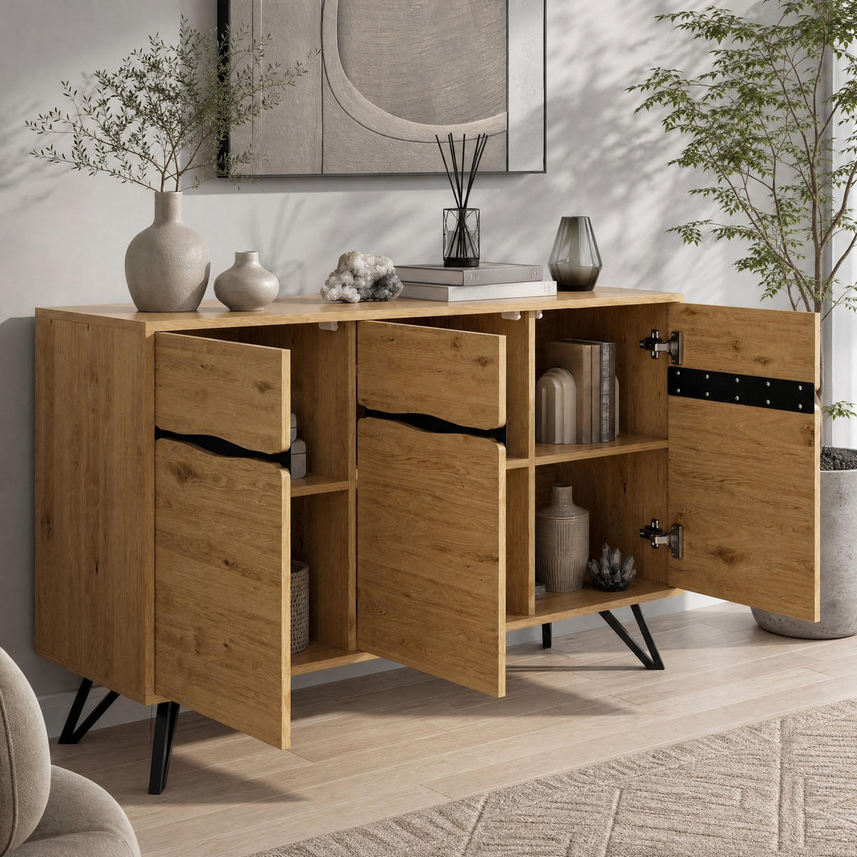 SIDEBOARD in Holzoptik Anrichte mit Metallbeinen für Wohnzimmer und Esszimmer, B140/T40/H75.5 cm - Schwarz/Naturfarben, Holzwerkstoff/Metall (140/75.5/40cm) - STILVORA