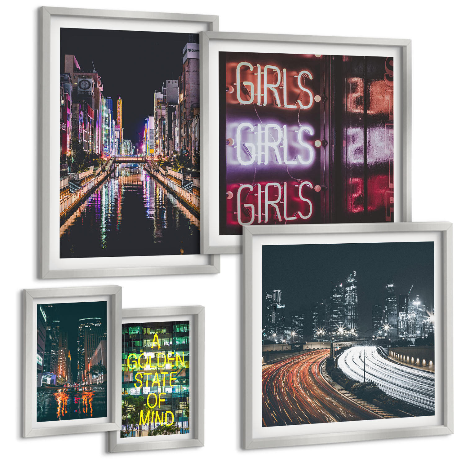 BILDER SET 5er Set - 50x50 cm & 20x30 cm & 40x60 cm Silberner Rahmen - Neonreklamen in der Stadt bei Nacht - Silberfarben, Kunststoff (40/60cm) - TULUP