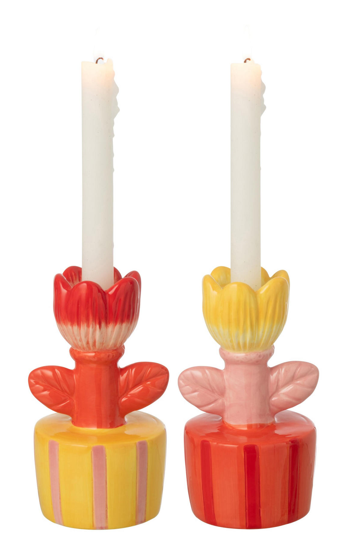 KERZENSTÄNDER AUF FUß BLUME (2ER SET) - Multicolor, Keramik (8.5/16/9cm) - J-Line