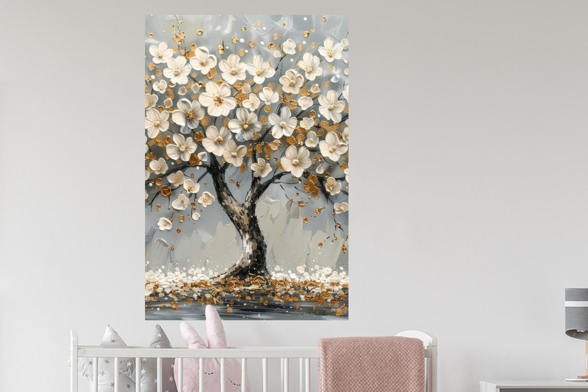 WANDTATTOO Baum - Blumen - Weiß - Natur - Kunst 80x120 cm - Weiß, Kunststoff (80/120/0.1cm) - MuchoWow