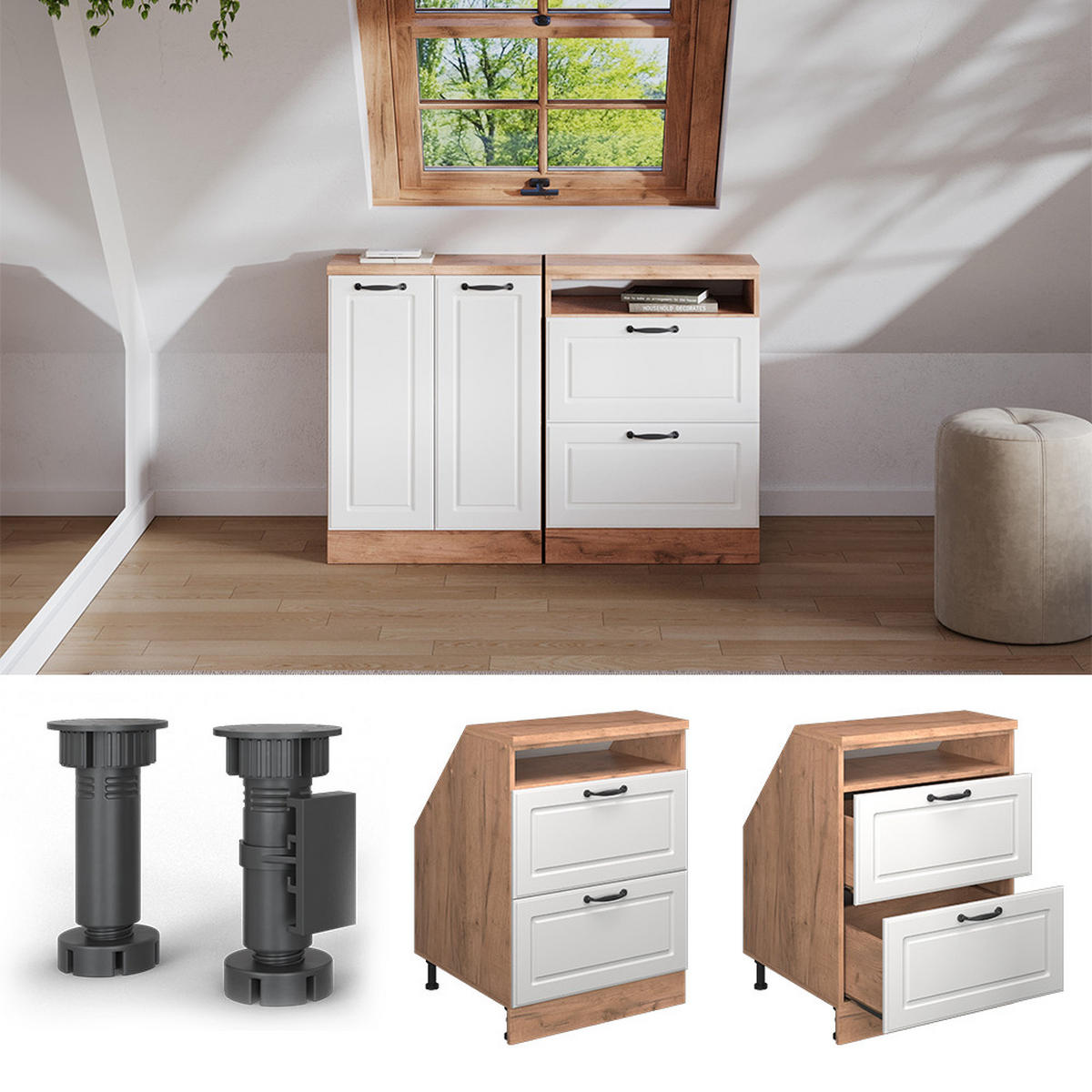 ORMARIĆ ZA KOSI KROV S LADICAMA Rion Bijela Seoska 60 x 81.6 cm s 2 ladice, korpus ormara dubine 60 cm - bijela/hrast medunac, drvni materijal (60/83.8/60cm) - Vicco