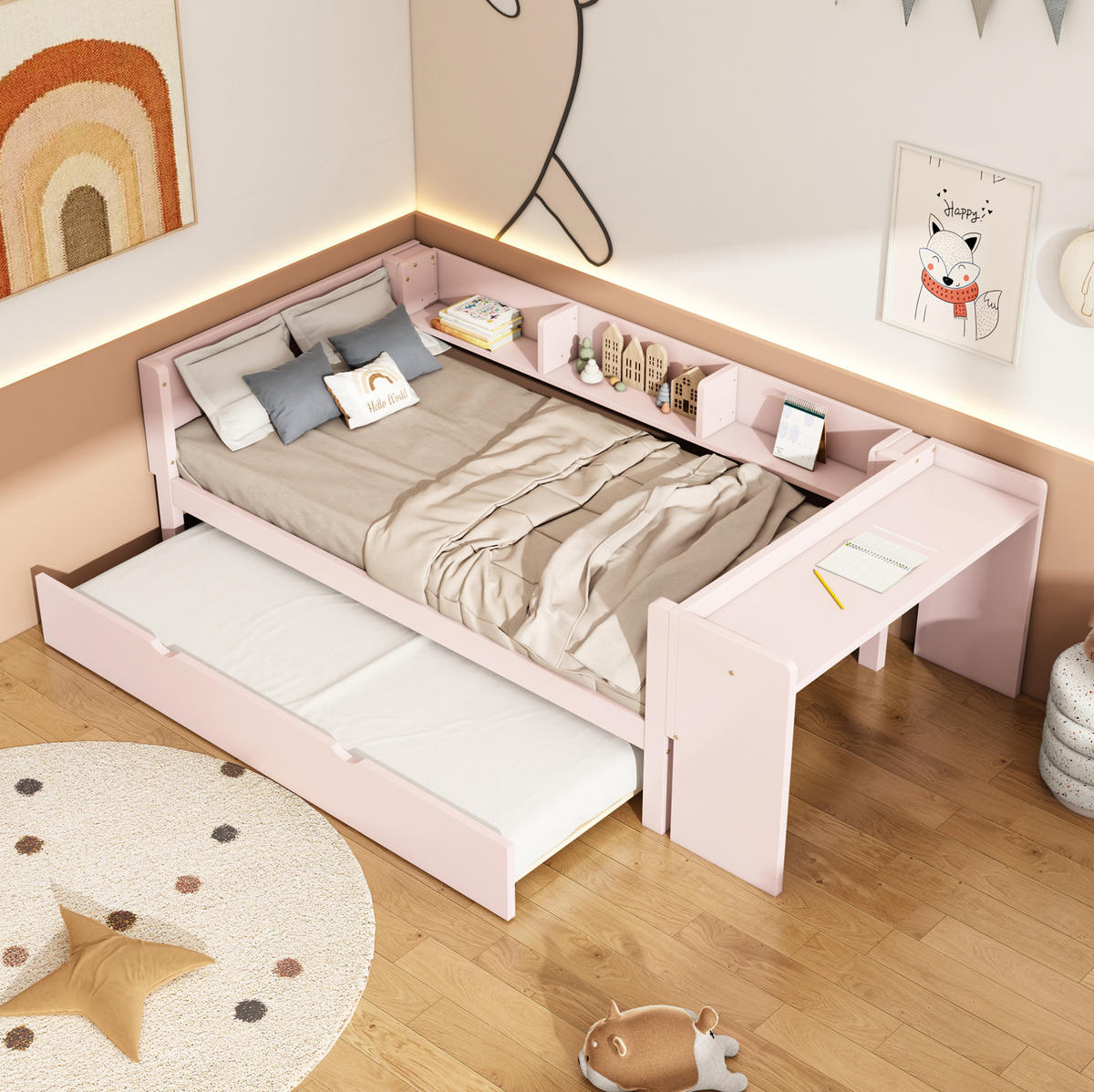 KINDERBETT 90/200 cm aus Kiefer und MDF mit Ausziehbett, Schreibtisch und 3 Regalen Rosa - Rosa, Holz (90/200cm) - Modenvie