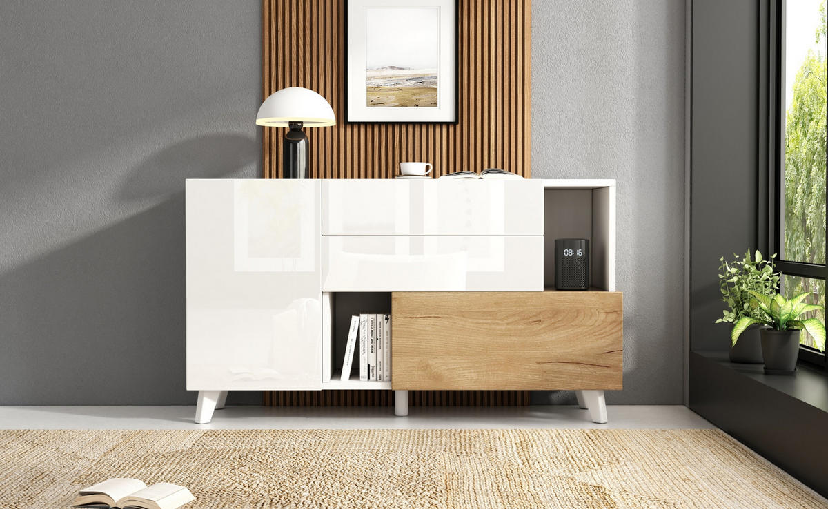 SIDEBOARD 130/40/70 cm mit 2 Türen, 2 Schubladen & offenem Fach in Weiß/Eiche - Weiß, Holzwerkstoff (130/70/40cm) - BEAOK