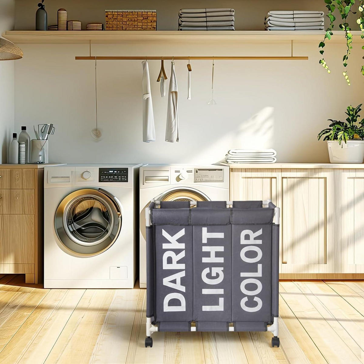 WÄSCHESORTIERER auf Rollen 90L 3 Fächer Grau - Grau, Textil (34/69/60cm)