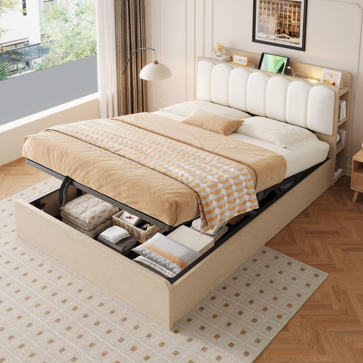 BETT 140/200 cm in Naturfarben mit Bettkasten, USB und Ablage Holz Design - Weiß/Naturfarben, Holzwerkstoff/Textil (140/200cm) - STILVORA