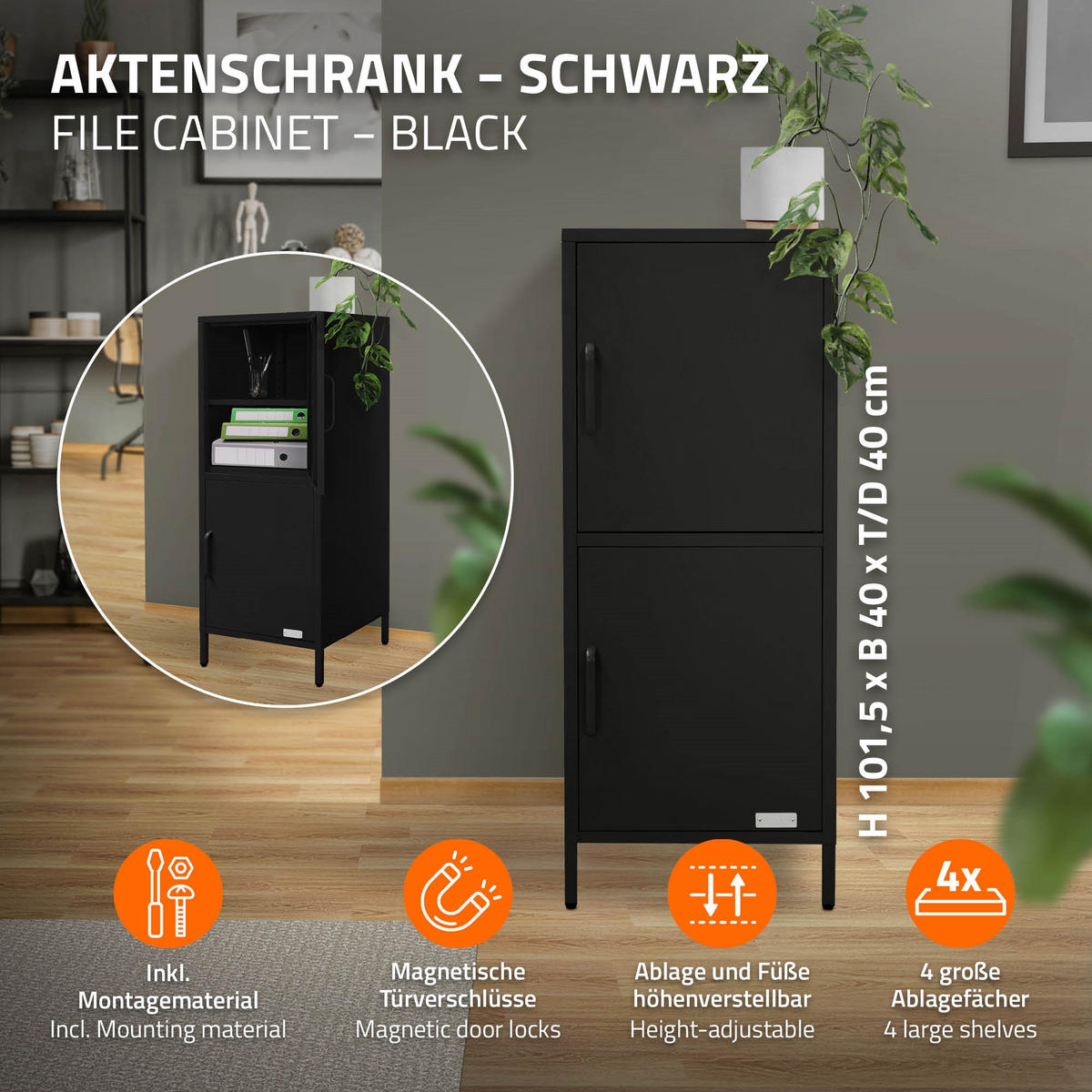 AKTENSCHRANK 40x101,5x40 cm Schwarz aus Stahl mit 2 Türen - Schwarz, Metall (40/101.5/40cm) - ML-DESIGN