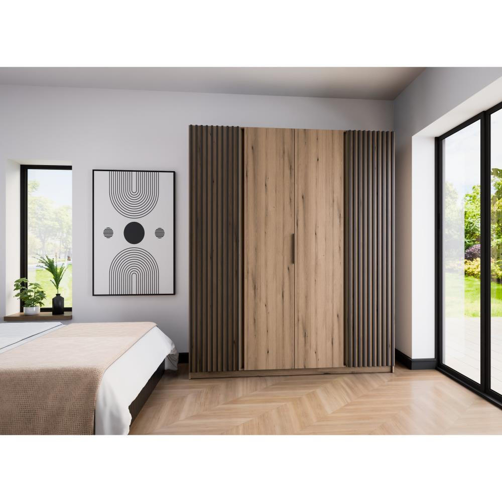 DREHTÜRENSCHRANK Kaya 200/62/239 4-Türig mit Lamellen - Eichefarben/Schwarz, Holzwerkstoff (200/239/62cm) - Beautysofa