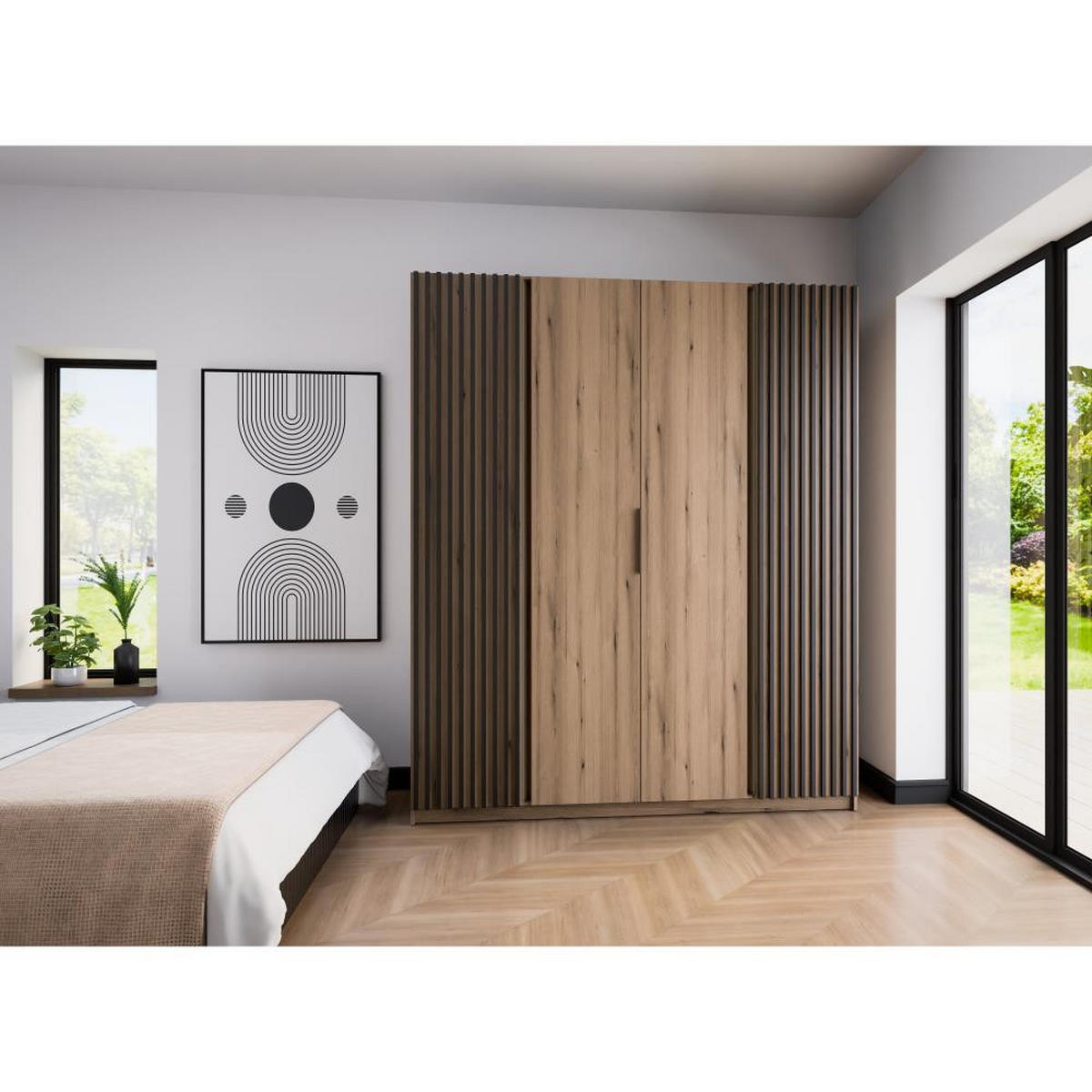 DREHTÜRENSCHRANK Kaya 200/62/239 4-Türig mit Lamellen - Eichefarben/Schwarz, Holzwerkstoff (200/239/62cm) - Beautysofa