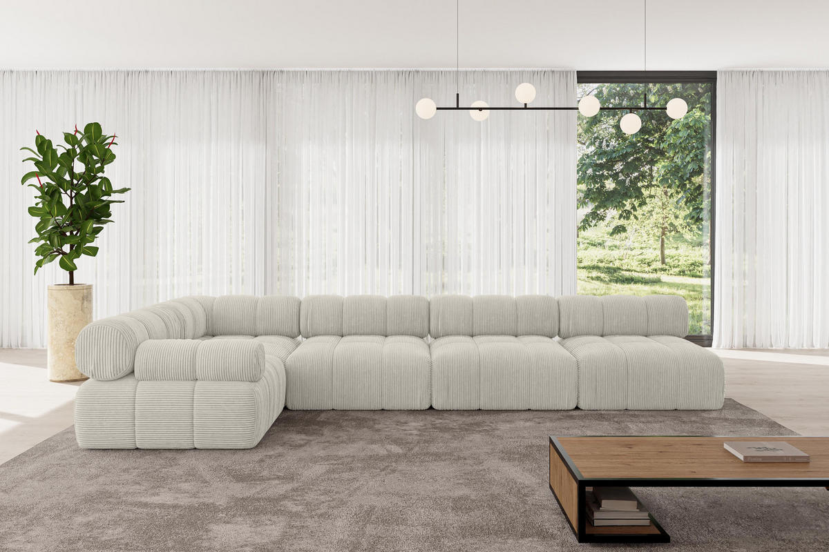 ECKSOFA modulares Sofa Mende-L3 - 380x190x70 cm Creme Cord - Hellgrau/Creme, Holzwerkstoff/Textil (380/190cm) - ALTDECOR