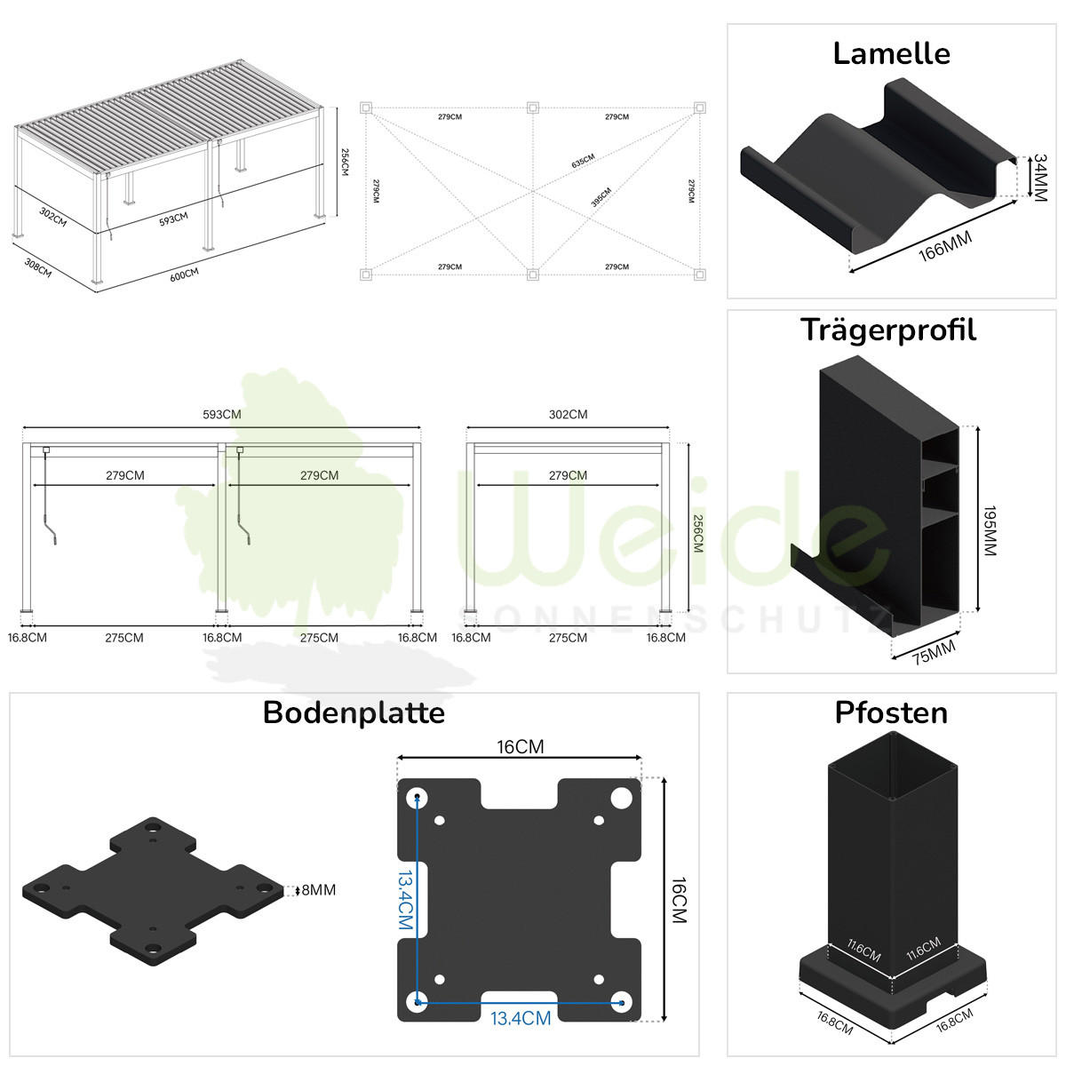 PERGOLA Classic Aluminium freistehend 3 x 6 M anthrazit - Anthrazit, Metall (300/255/600cm) - WEIDE