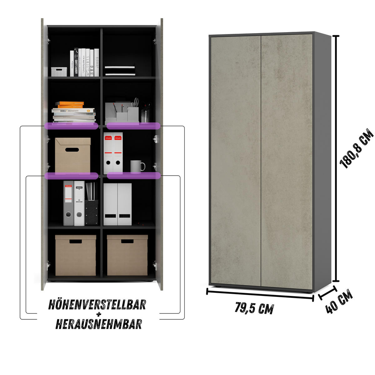 AKTENSCHRANK Amira T00 Beton Oxid 180/80/40 cm - Hellgrau, Holzwerkstoff (80/180/40cm) - SIMPLYFURN