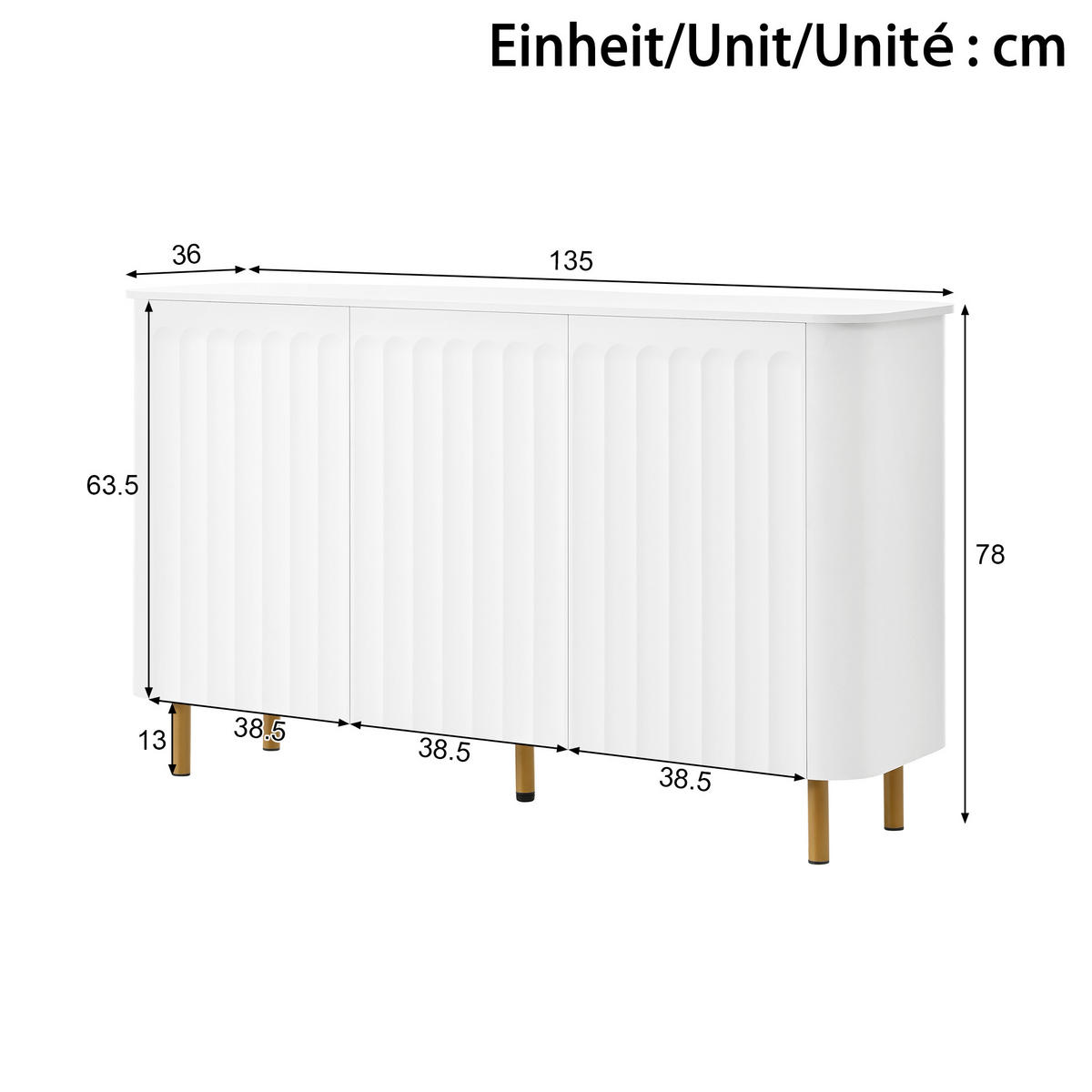 SIDEBOARD Weiß 135cm Grifflos mit 3 Türen 3D-Säulenrelief & Metallfüßen - Weiß, Holzwerkstoff (135/78/36cm) - Urban Meuble