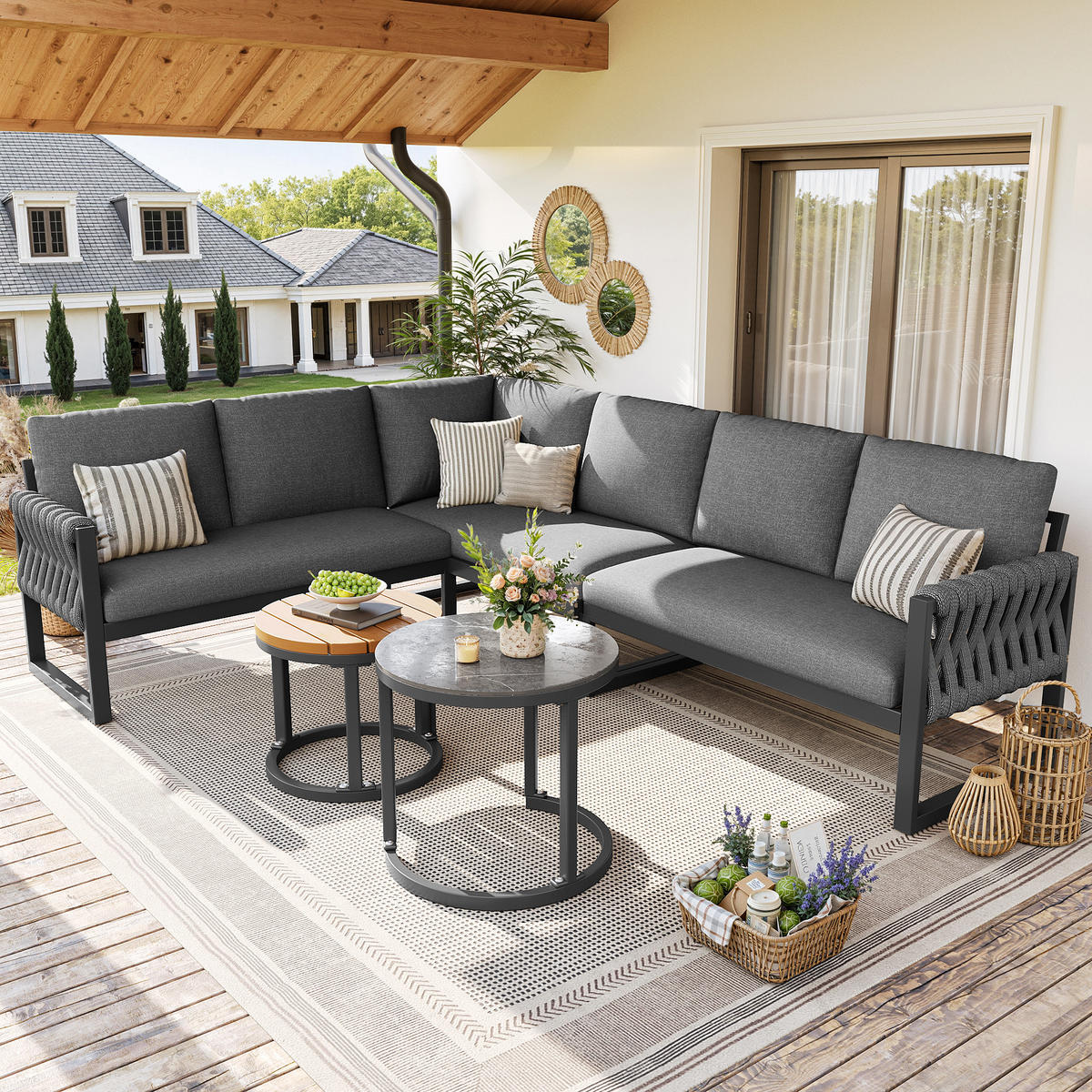 LOUNGESET Modular 5-6 Personen Grau Mit Verstellbaren Füßen - Grau, Kunststoff - FLIEKS