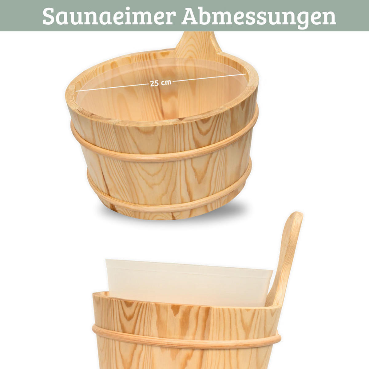 SAUNAZUBEHÖR Saunaeimer mit Kelle 4-tlg. Saunakübel Sanduhr & Thermometer - Braun, Holz (25/38/25cm) - DELUKE