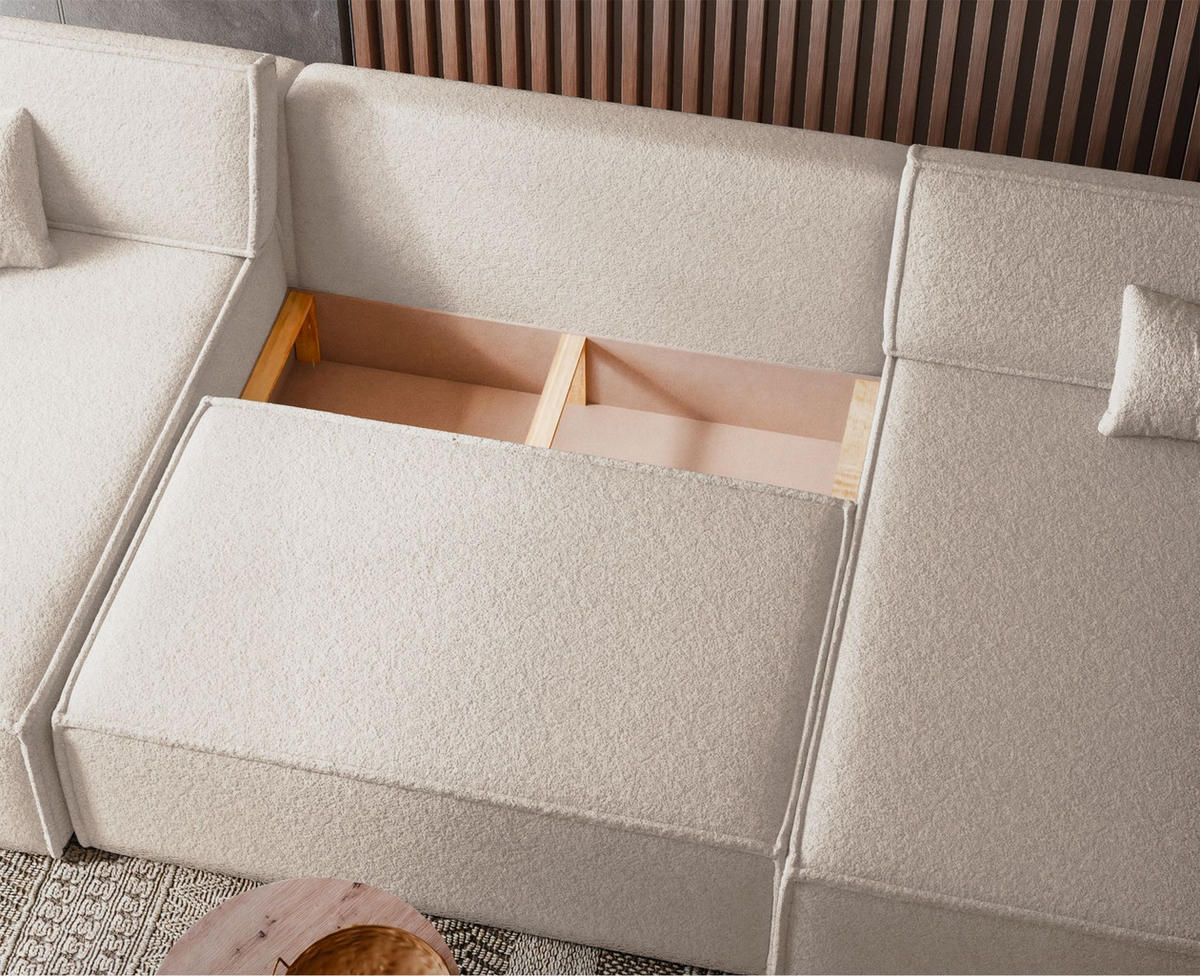 WOHNLANDSCHAFT Scarlo Creme Bouclé-Bezug - Creme/Schwarz, Kunststoff/Textil (312/83/145cm) - Selsey