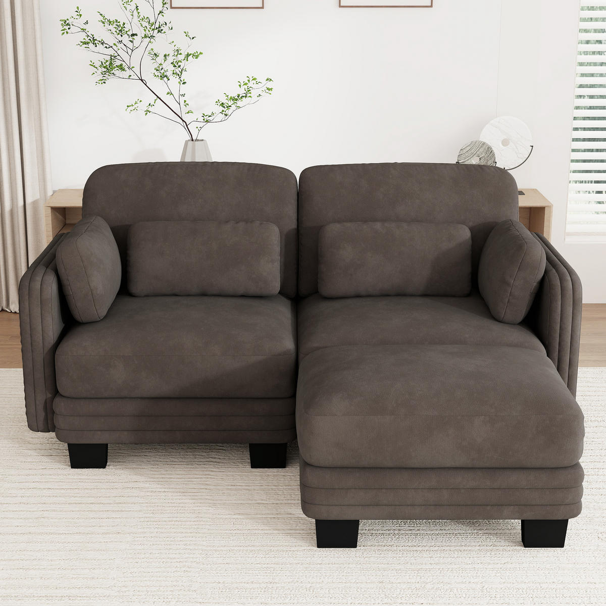 ECKSOFA 2-Sitzer L-Form mit Ottomane, DE-42686, Braun - Braun, Holz (176/143cm) - ComfortXL