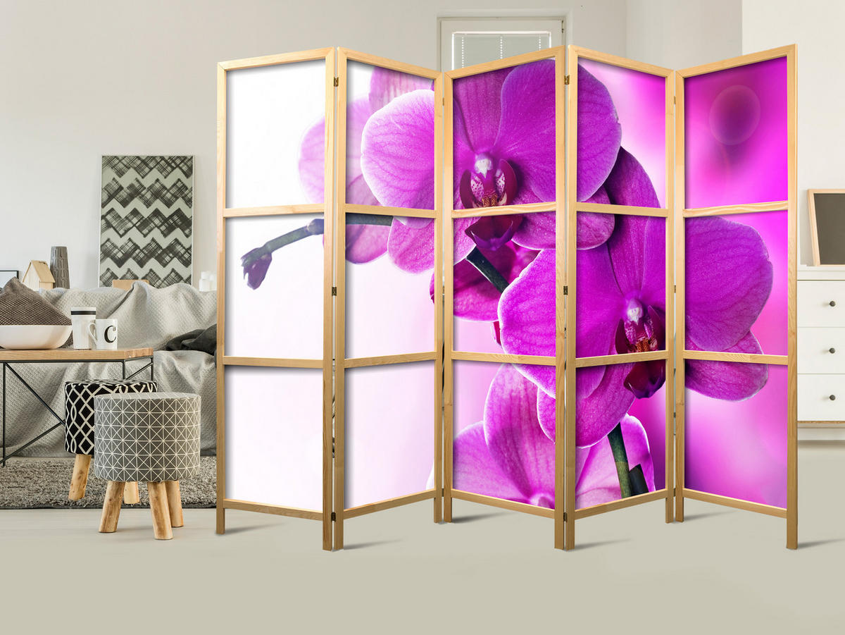 PARAVENT Japanischer 5-tlg 225x172 cm Orchideen Natur - Rosa, Holz/Textil (225/172/3cm) - Muralo