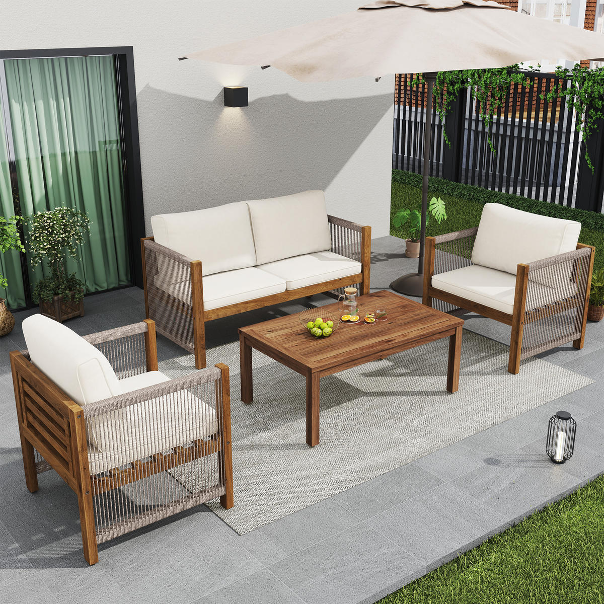 GARTENLOUNGE-SET BEIGE mit Doppelsofa 2 Sesseln Akazie Rattanoptik inkl. Kissen - Weiß, Textil - BLACKCUP