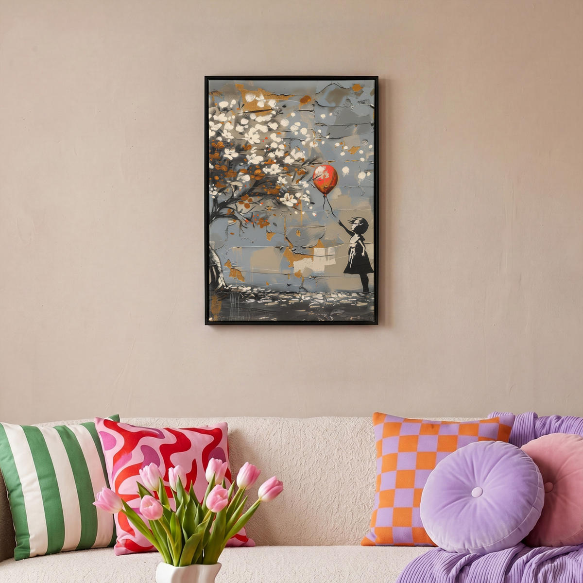 LEINWAND Bilder mit Rahmen - Baum - Graffiti - Banksy-Stil - Ballon-Mädchen - 40x60 - Blaugrau, Textil (40/60cm) - MuchoWow