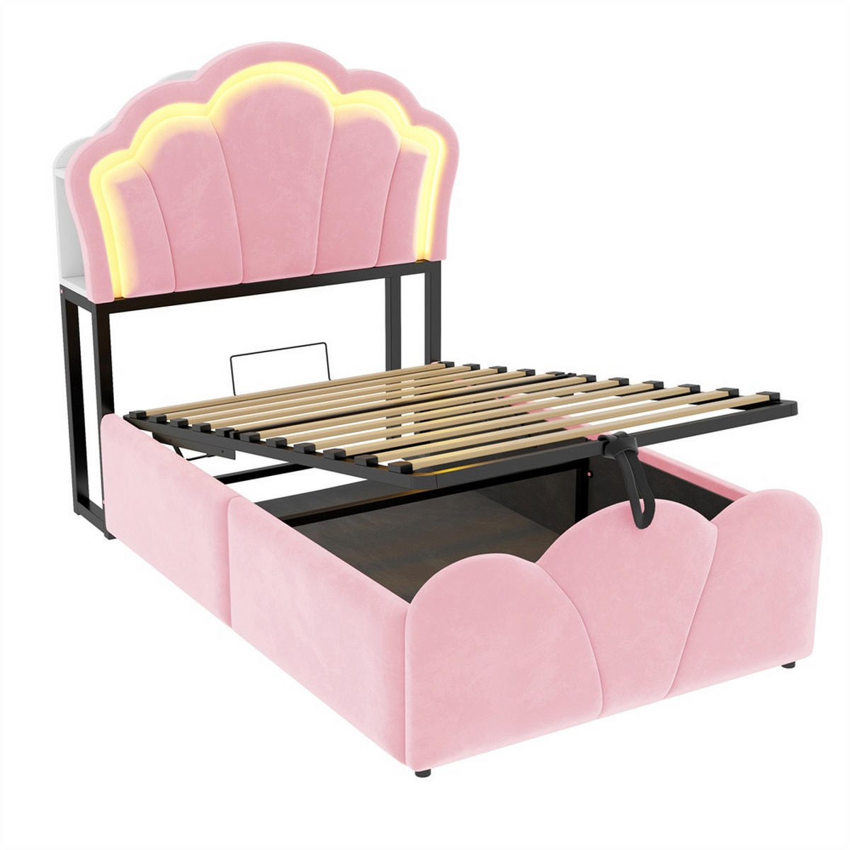 POLSTERBETT 90x200 cm mit hydraulischem Stauraum - LED Beleuchtung & Ladeanschluss - Rosa - ohne Matratze - Pink, Textil (90/200cm) - DELFA