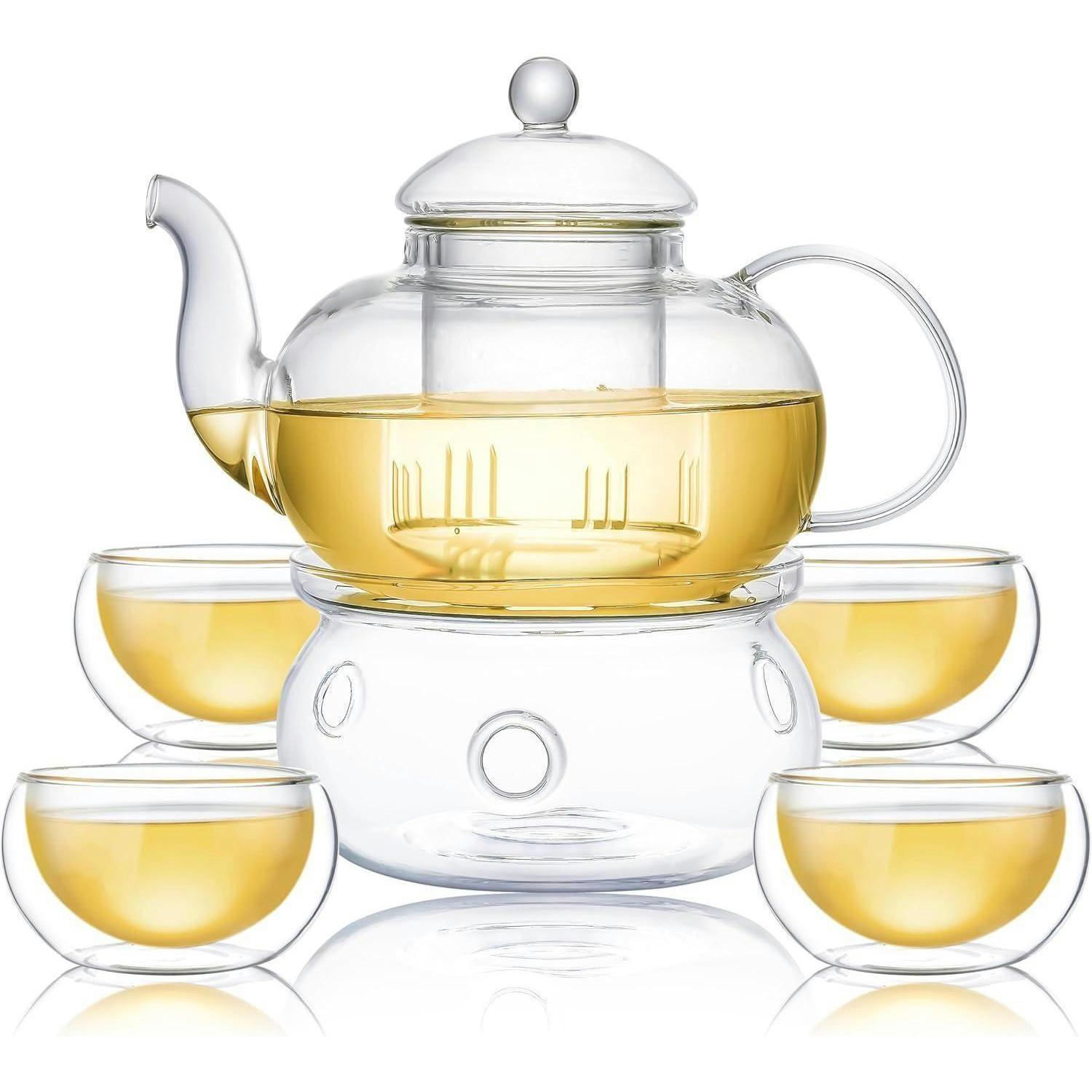 TEEKANNE Set Glas 1 Liter mit 4 Tassen und Teewärmer - Transparent, Glas (15/30cm)