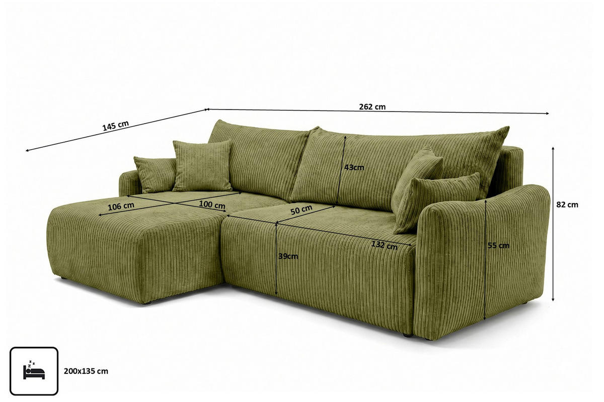 ECKSOFA Mit Schlaffunktion, Cordstoff Poso, Olive, Links, JAPANDI - Olivgrün, Holz (262/145cm) - Kaiser Möbel