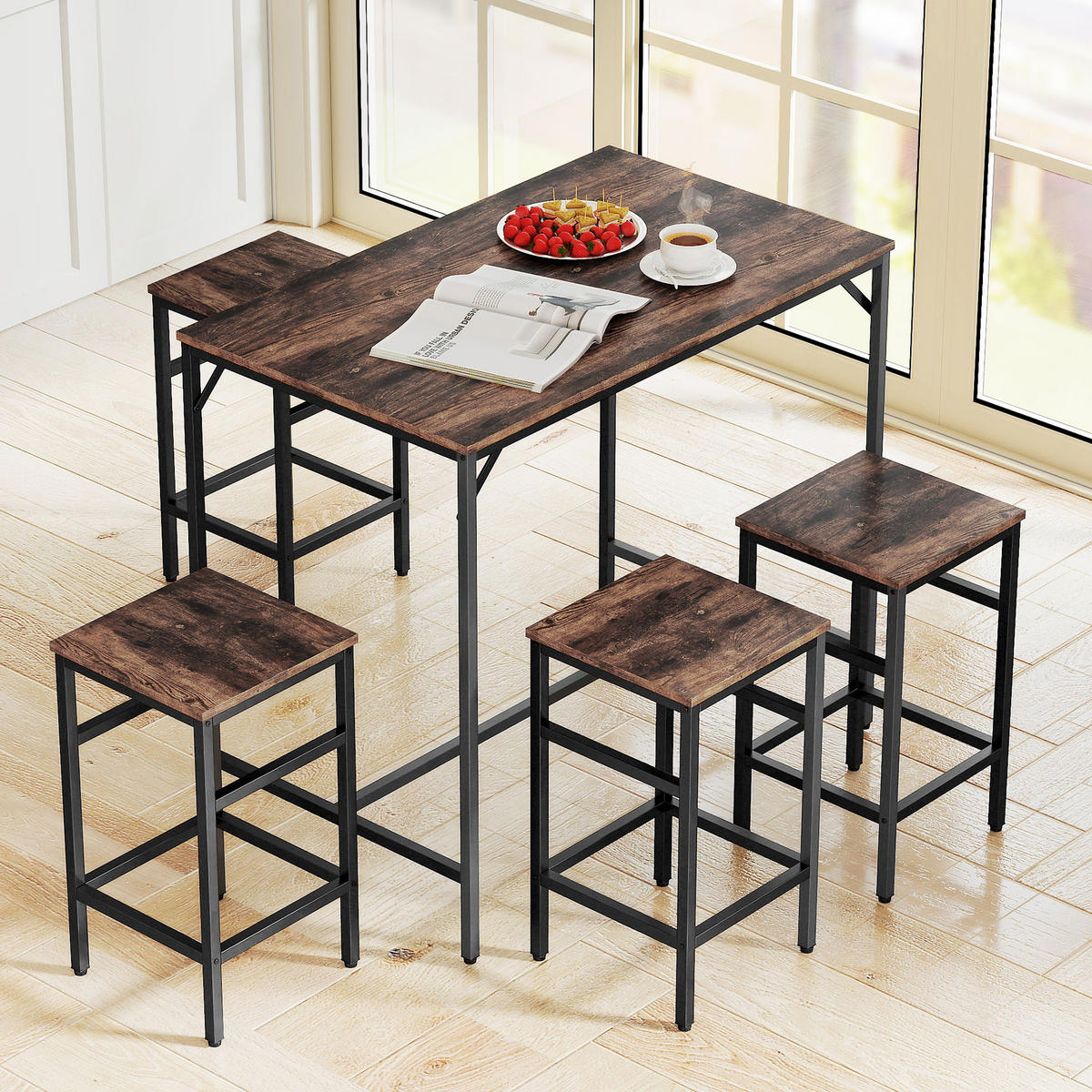 BARTISCH-SET 5-teilig DE-08010 mit 4 Barhockern, Industriedesign Braun - Braun, Metall (60/88/100cm) - ComfortXL