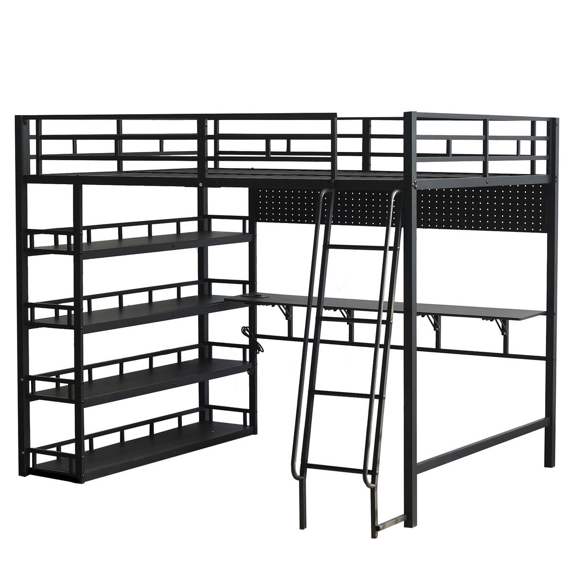 HOCHBETT 140/200 cm mit Ladeanschluss, Ablagen und Stauraum aus Metall und Holzwerkstoff, Schwarz - Schwarz, Metall (140/200cm) - Redom