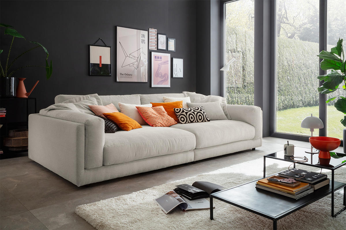 BIG SOFA RAINA Steingrau Cord - Greige/Schwarz, Kunststoff/Textil (294/85/150cm) - KAWOLA