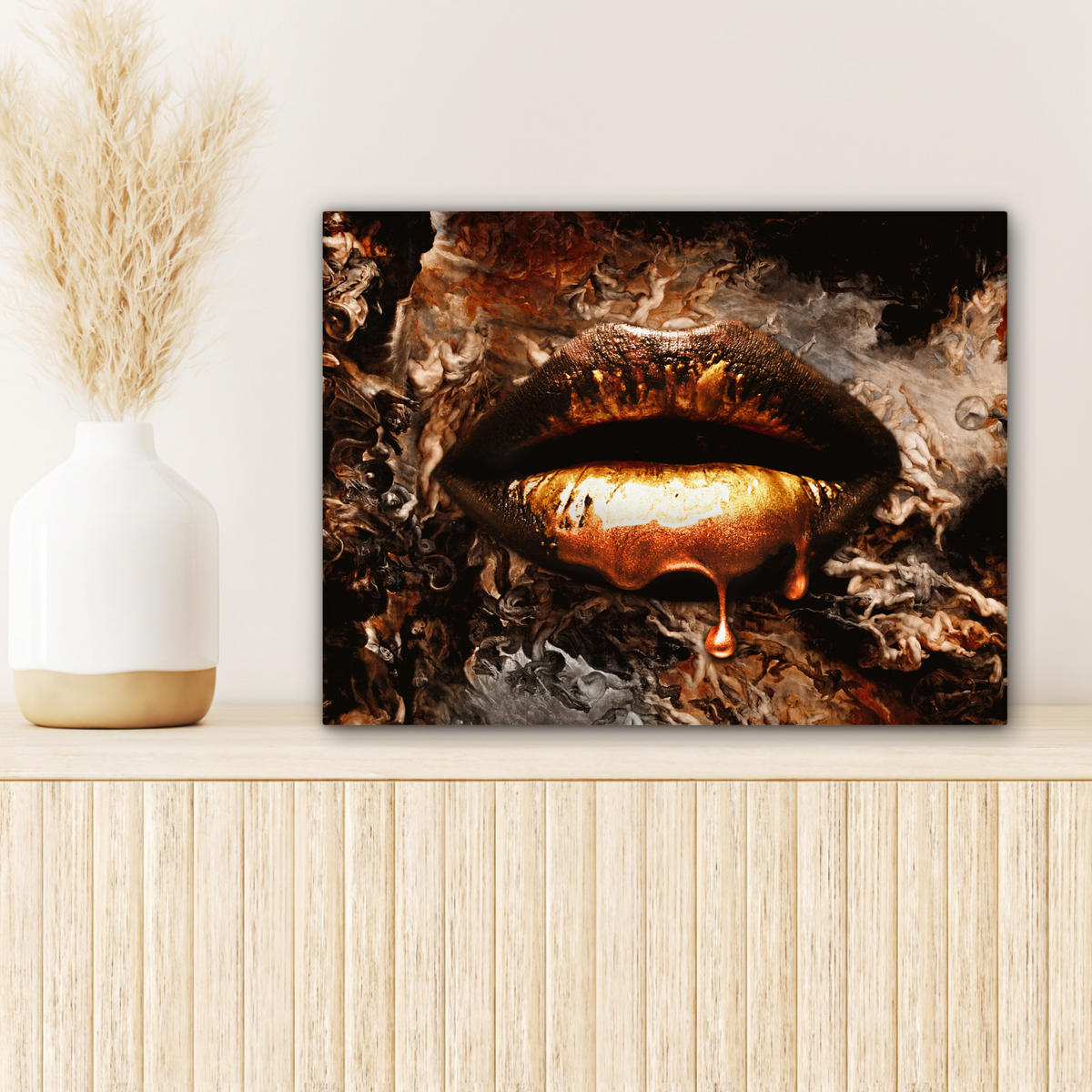 LEINWANDBILD Gold - Lippen - Kunst - Gold - Luxus - Abstrakt Wandbild 40x30 cm - Kupferfarben, Textil (40/30cm) - MuchoWow