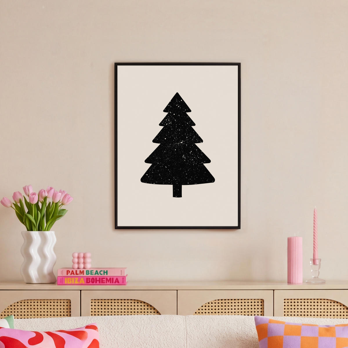 LEINWAND Bilder mit Rahmen - Weihnachtsbaum - Schwarz - Urlaub - Beige - 60x80 - Schwarz, Textil (60/80cm) - MuchoWow
