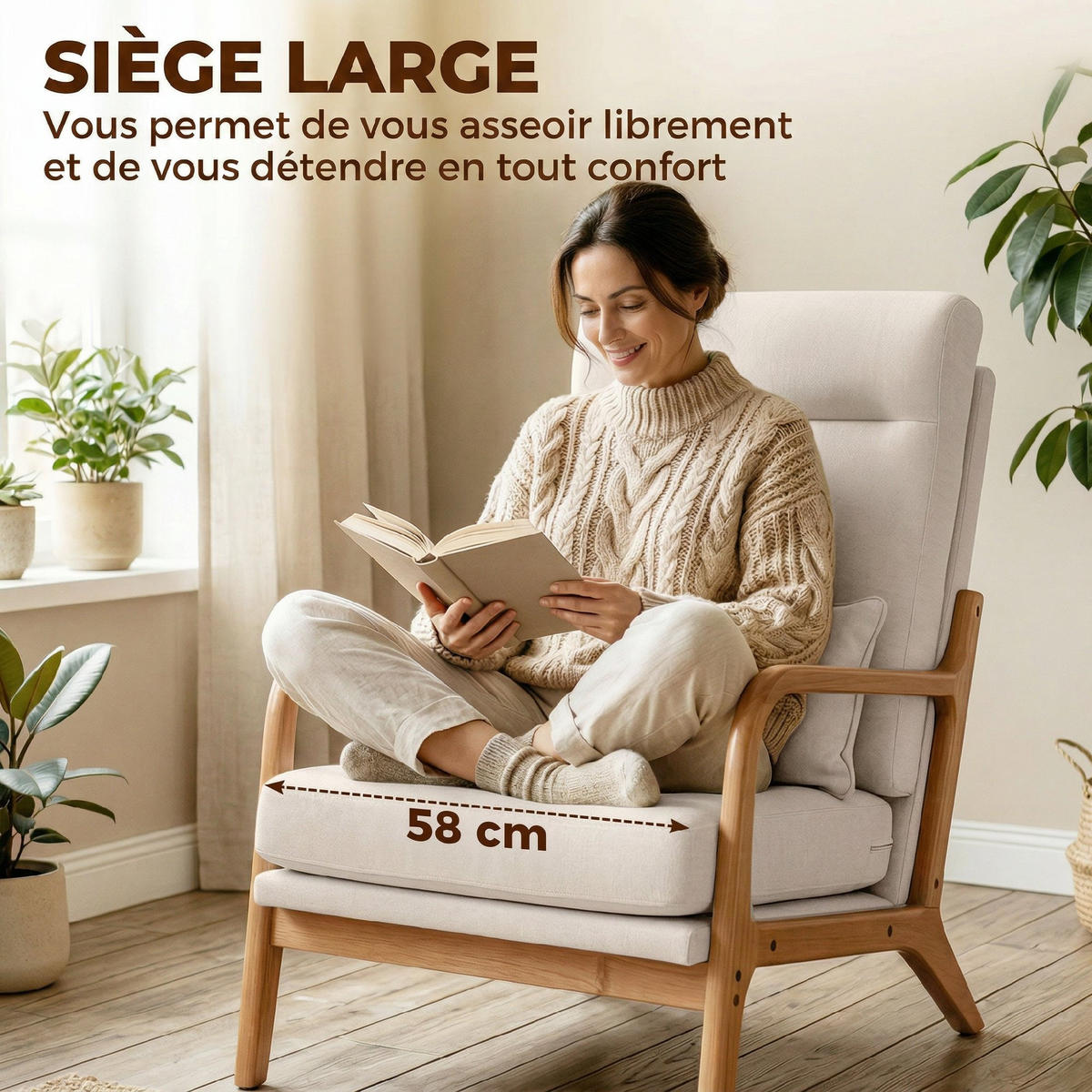 SESSEL DE-13363 hohe Rückenlehne & Lendenkissen Creme - Creme, Holz (64/93/86cm) - ComfortXL