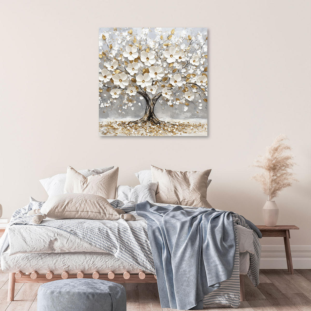 LEINWANDBILD Baum weiße Blumen goldene Blätter 30x30cm - Weiß, Textil (30/30cm) - Feeby