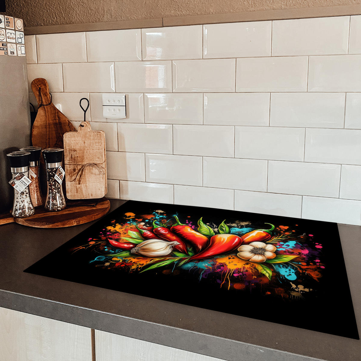 HERDABDECKPLATTE Gemüse - Paprika - Knoblauch - Graffiti - Farbe - Bunt 75x52 cm - Rot, Kunststoff (75/52/0.2cm) - MuchoWow