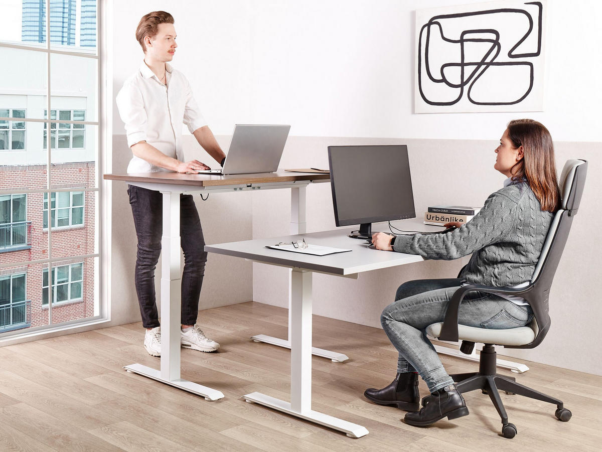 SCHREIBTISCH grauweiß 180/72 cm elektrisch höhenverstellbar Destin III - Weiß/Grau, Holz (72/180/63cm) - Beliani