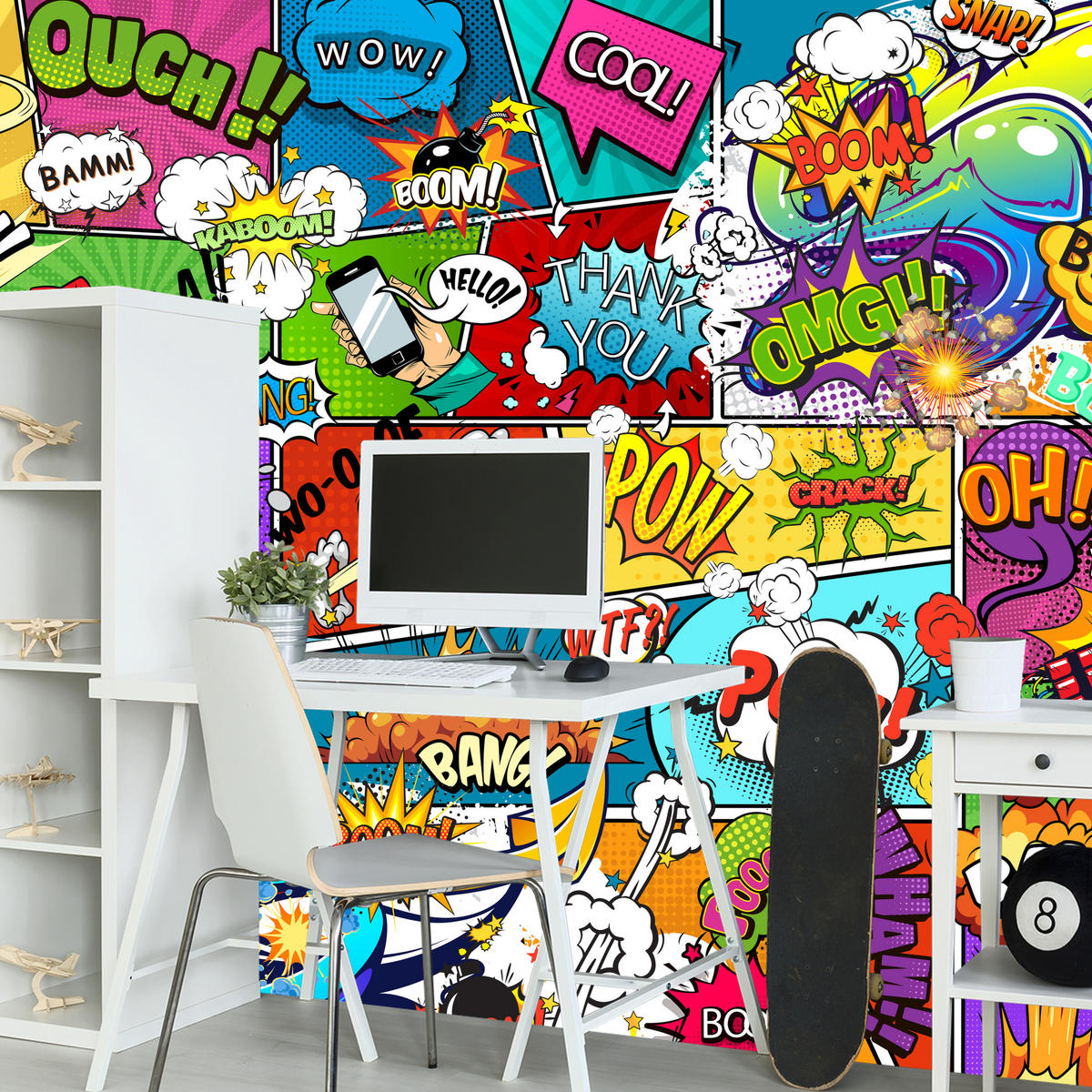 FOTOTAPETA Pre Študentskú Izbu Komiks Farebné Texty Dym Pery 300 x 210 cm - lila/oranžová, papier (300/210cm) - Muralo