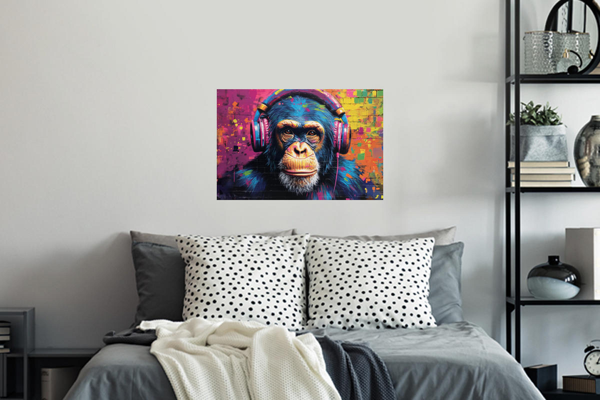 WANDTATTOO Graffiti - Schimpanse - Straßenkunst - Kopfhörer - Affe 60x40 cm - Blau, Kunststoff (60/40/0.1cm) - MuchoWow