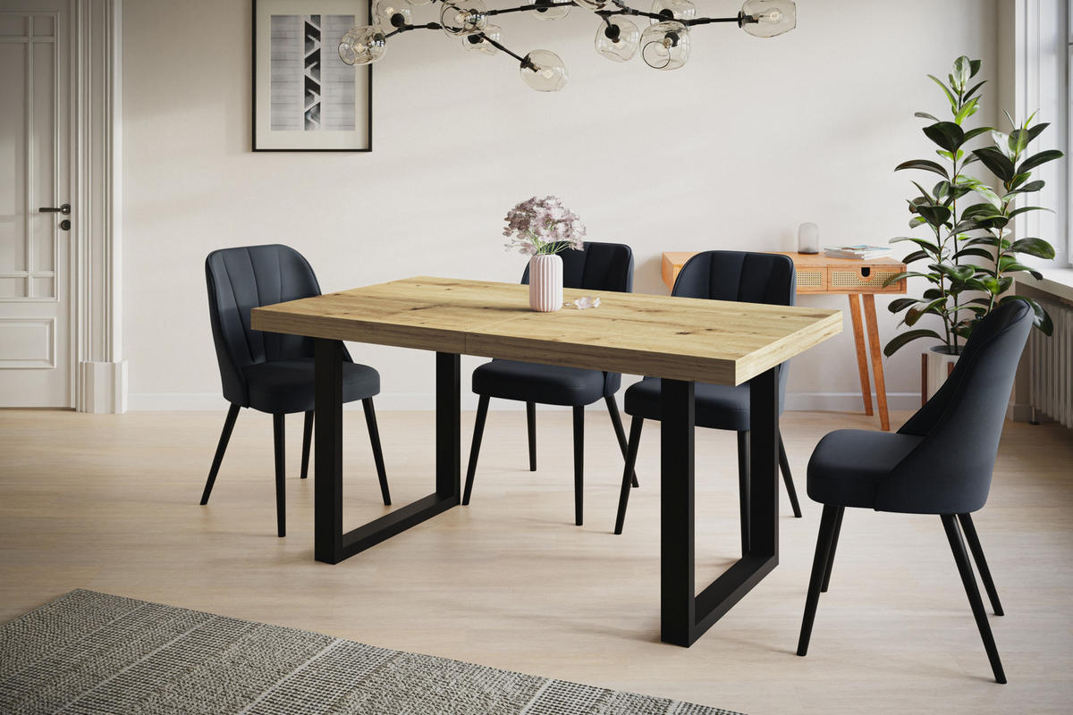 ESSZIMMERTISCH LOFT-U 140X80X77 cm, Farbe: ARTISAN, mit Metallbeinen in Farbe Schwarz - Hellbraun/Schwarz, Holzwerkstoff (140/80/77cm) - Alpi-Möbel