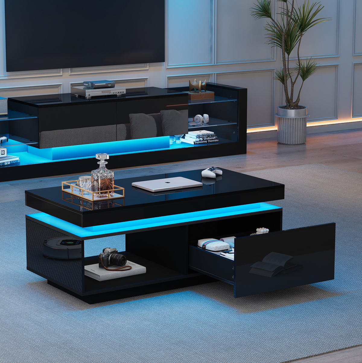 TV sestava 181/38/38 cm černá z dřevotřísky s LED osvětlením a konferenčním stolkem - černá, kompozitní dřevo (181/38/38cm) - OKWISH