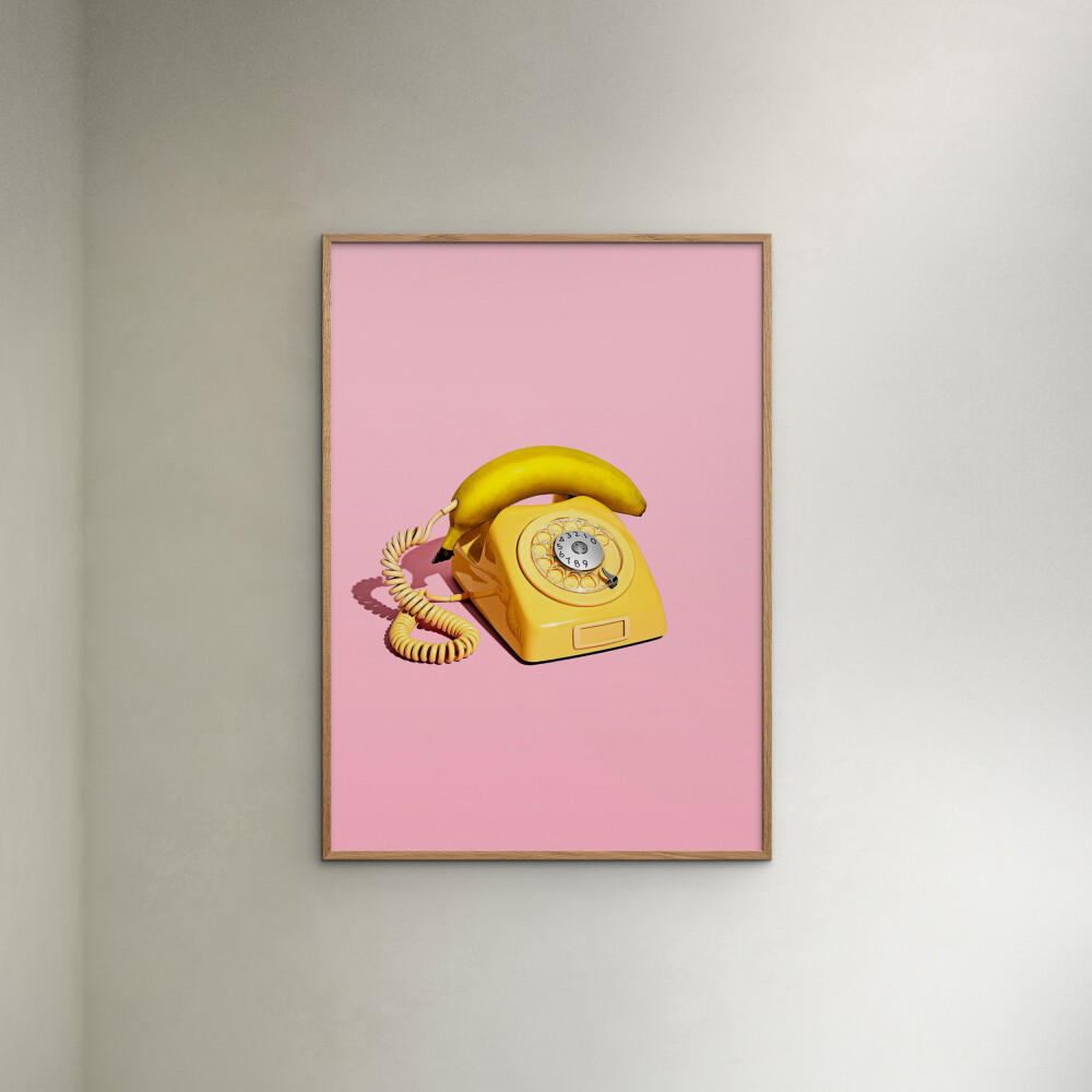 POSTER mit Rahmen Supermercat - Banana phone - Pink/Eichefarben, Holz/Papier (70/100cm) - Poster&Frame