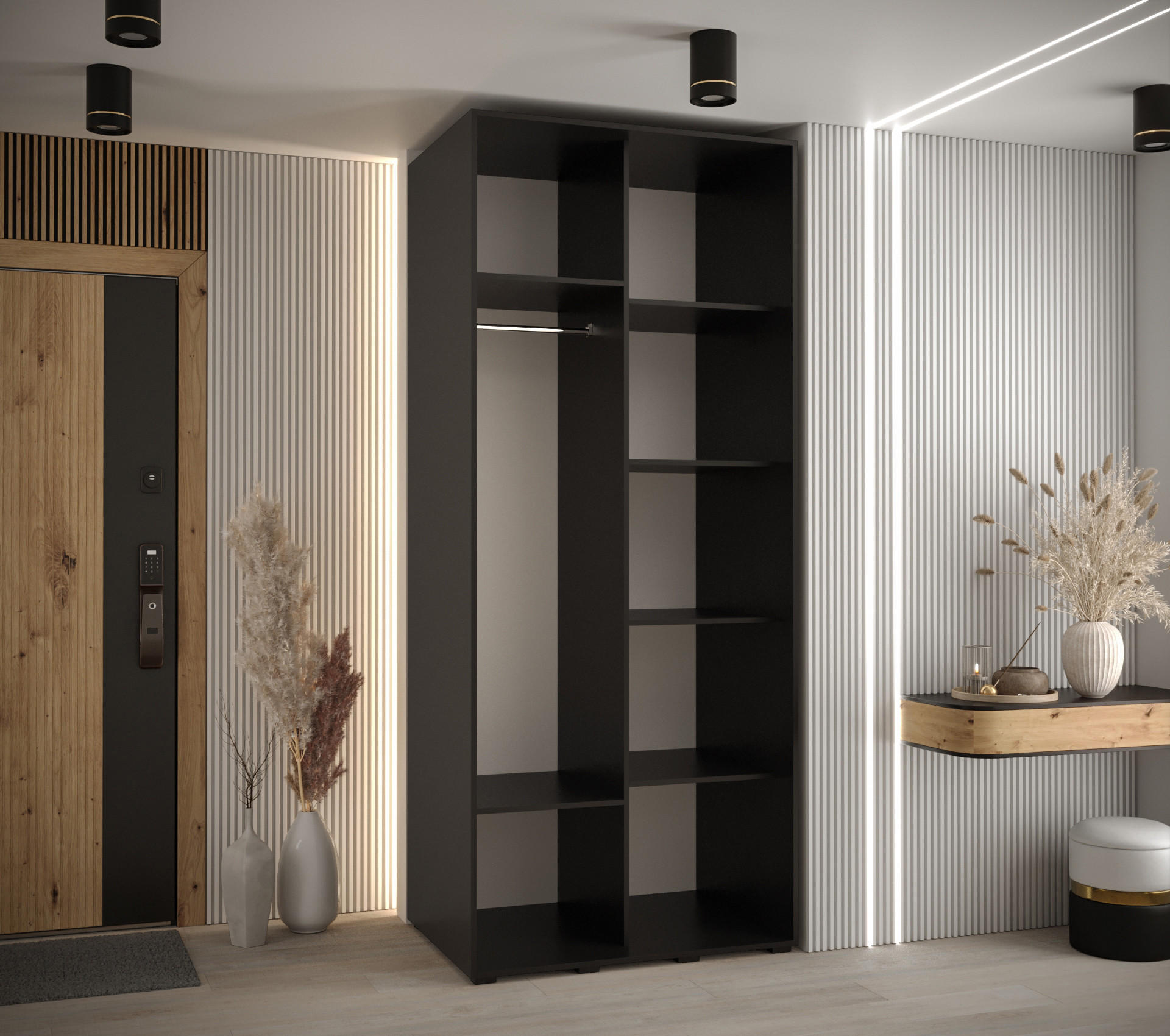 Thumbnail - Abiks Möbel Schwebetürenschrank, Schwarz, Eiche Artisan, Schwarz, Metall, Nachbildung, 6 Fächer, 120x235x60 cm, Schlafzi...