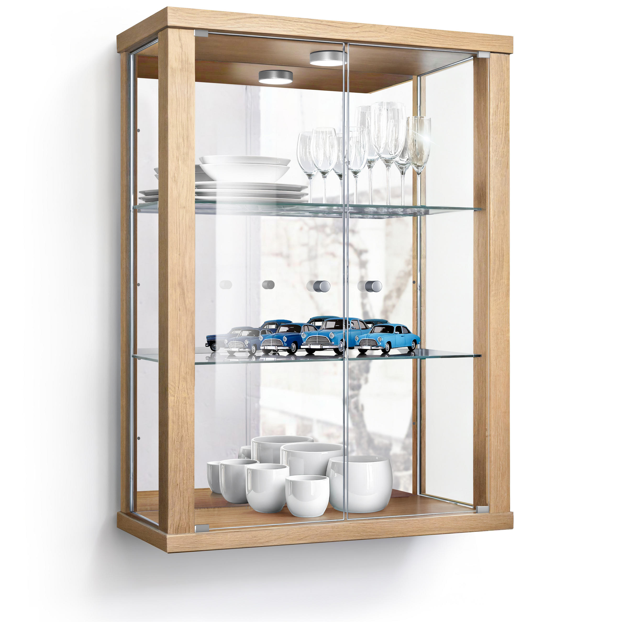 HÄNGEVITRINE 25/60/80 cm mit Spiegel, LED & 2 höhenverstellbaren Glasböden - Transparent/Silberfarben, Glas/Holzwerkstoff (60/80/25cm) - K-Möbel